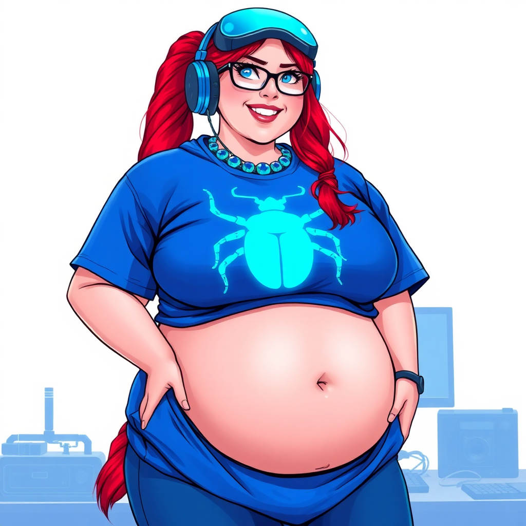 A cyberpunk vigilante’s full-figured intelligent and tech-savvy 29-year-old girlfriend, who is a computer hacker and tech genius. She has a long ruby red ponytail and bright blue eyes. She wears a sapphire beetle gemstone necklace, and an oversized maximum blue t-shirt featuring a giant neon blue glowing icon of a beetle on its chest. She has a full-figured physique with a prominently, gargantuan, well-rounded midsection, reflecting her well-cared-for lifestyle. She sports a sapphire headset with hi-tech maximum turquoise lensed HUD visor, black eyeglasses, and a beaming smile with a passionate bright red blush. Despite her figure and a lack of self-esteem, she radiates an air of beauty. She has a slim face which contributes to her radiant beauty. She serves as his tech expert from his hideout, diligently working at her lab table and computer desk. The background is solid white. She is drawn as if she was in a retro 2D cyberpunk fighting game. Ensure her shirt covers her midsection.