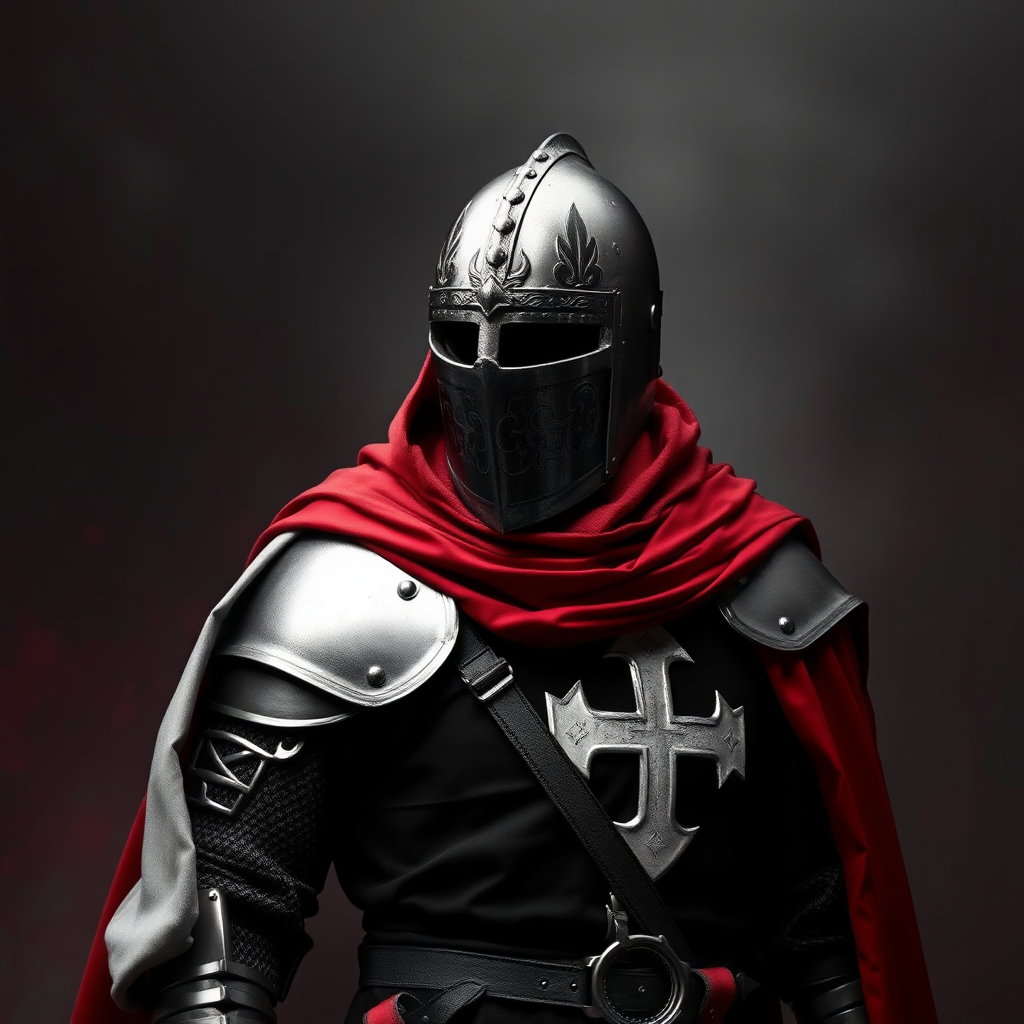 A knight of the Teutonic Order in black, white, and red colors, the background in black, white, and red colors. Realistic photo.