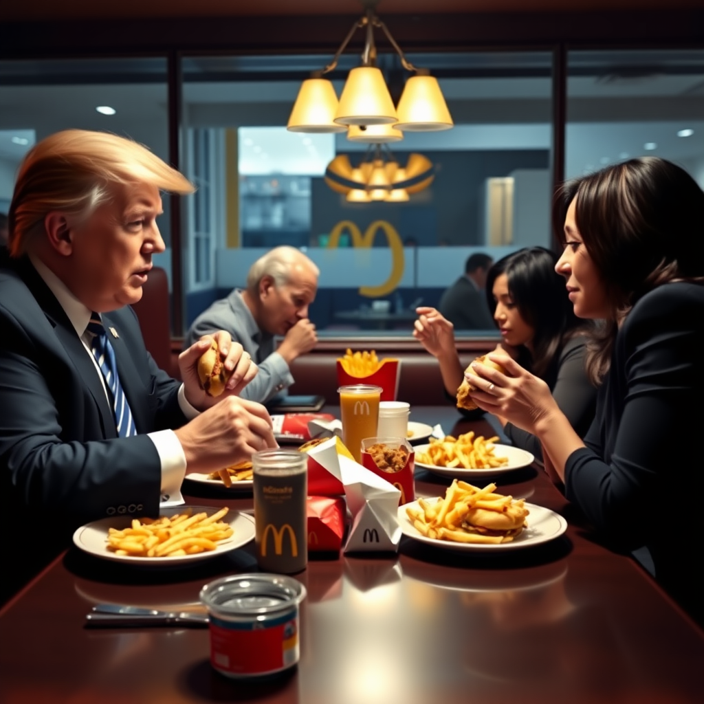 Donald Trump in a dining room eating tons of McDonald's for dinner with Joe Biden devouring two cheeseburgers, and Kamala Harris.