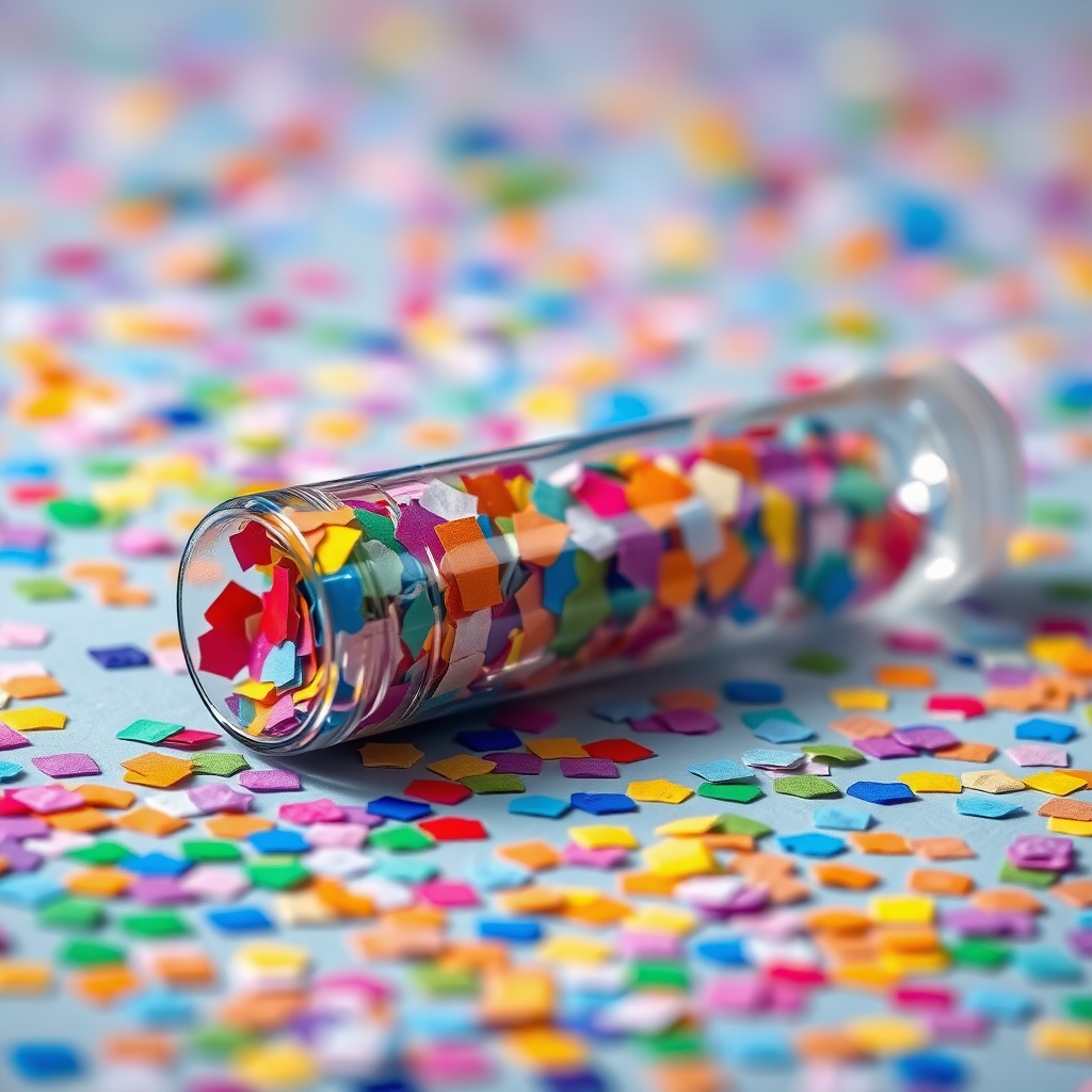 A photo of a glass fat transparent plain uniform confetti popper tube with colorful confetti inside, lying flat at an angle, with confetti around it, distant confetti blurred, reflections on the tube glass, tube closed from both ends.