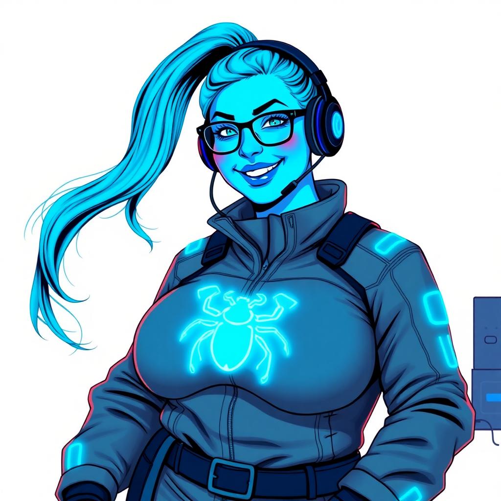 A nerdy, full figured neon blue skinned 29-year-old computer program hybrid with a long, neon blue glowing ponytail. She wears maximum blue lipstick and has bright blue eyes. Her outfit includes a digital, computerized, middle gray biker suit featuring a neon blue glowing beetle chest icon. She sports a sapphire headset and black eyeglasses, with a beaming smile and neon red blush. Her full figure reflects the doting care of her vigilante boyfriend. As his tech expert, she works diligently at her lab table in their hideout. The background is solid white. She has a prominent, gargantuan, round midsection, titanic limbs, and broad shoulders. Her neon glowing turquoise skin highlights her digital nature. She is drawn as if she was in a retro 2D cyberpunk fighting game.