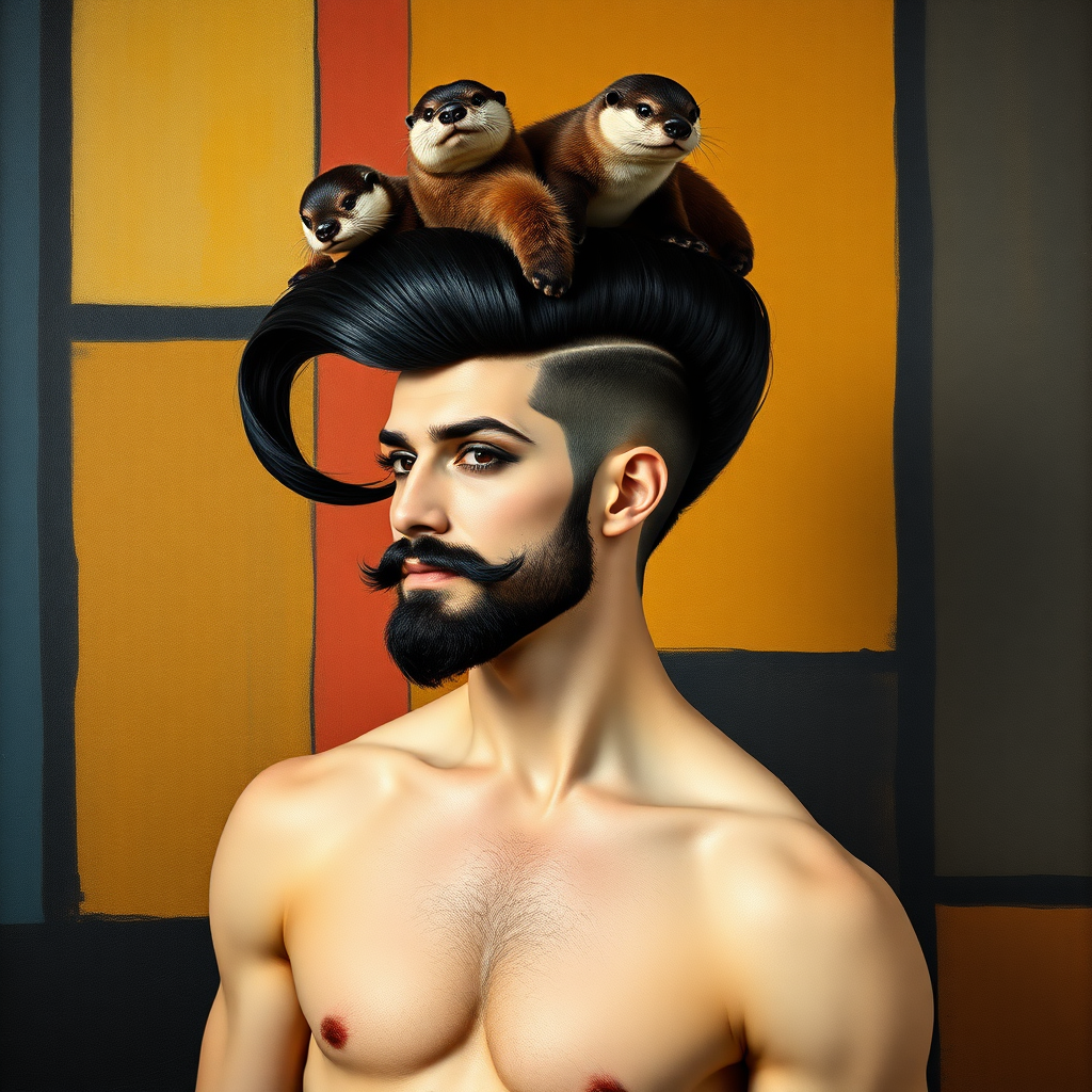 The background is a painting by Mondrian. A 4K hyper-realistic photograph in the style of Kandinsky, blending surrealism with kitsch. The subject is a man with an extravagant, French black haircut, styled in a flamboyant bun, paired with a sexy, masculine look. He sports a neatly groomed, three-day beard — short, evenly distributed, with a light shadow effect across the chin, jawline, and cheeks. His makeup is dramatic, like a drag queen, adding to the boldness of his appearance. He has a muscular, athletic build. He’s naked, standing confidently with a pin-up pose. Above him, smaller otters rest playfully on his head.