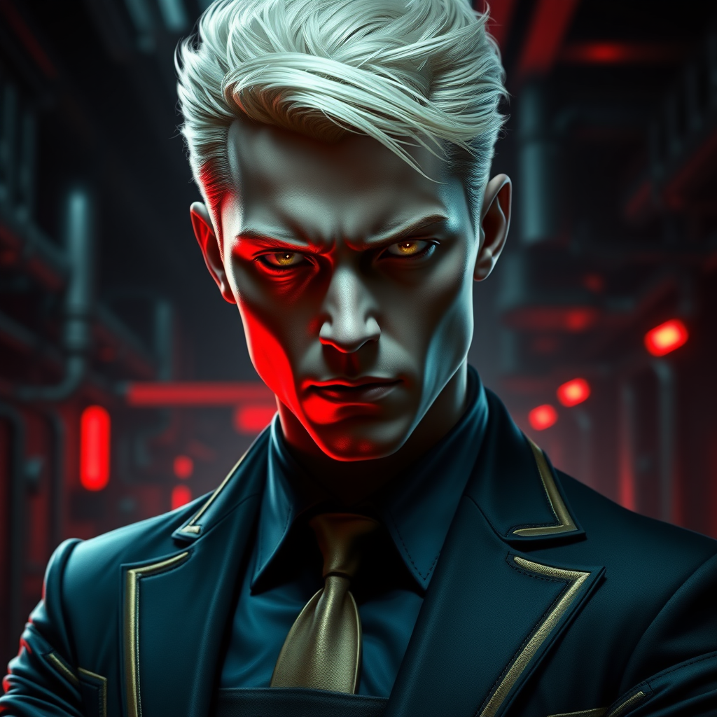 a dark and intense portrayal of the character Jackal from the Red Rising series. He is a cold, calculating figure with sharp features, and a cruel, piercing gaze. His left arm ends at the elbow. His blonde hair is neatly styled, adding to his sense of control and menace. His pupils are gold colored. Jackal should be dressed in sleek, futuristic formal attire accented with gold trim, hinting at his high status in the Gold society. The background should be an industrial scifi, futuristic setting, with dim, metallic tones and glowing red lights, symbolizing the dystopian world he manipulates. His expression should convey both intelligence and ruthlessness, and his body language should exude authority, as if he is always planning his next move. he is 19 years old, full body shot