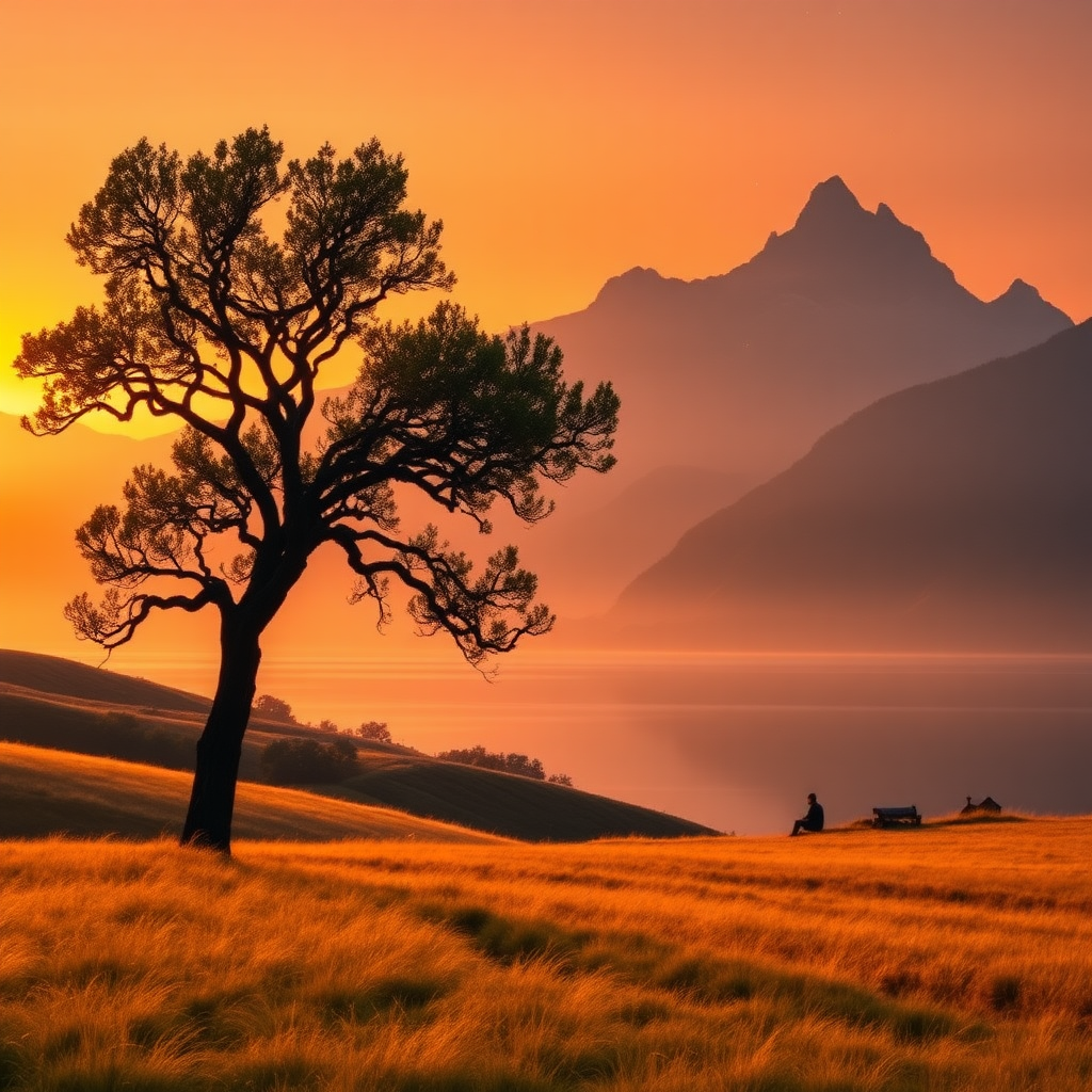 A mystical landscape at sunset, where gentle hills covered with golden grass are illuminated by a deep orange sky. In the foreground stands an ancient tree with wide-spreading branches, its leaves gently swaying in the wind. In the background, majestic mountains rise, surrounded by mist, while a clear, calm body of water reflects the colors of the sky. On the shore of the lake sits a solitary figure, lost in thought, as the first stars appear on the horizon.