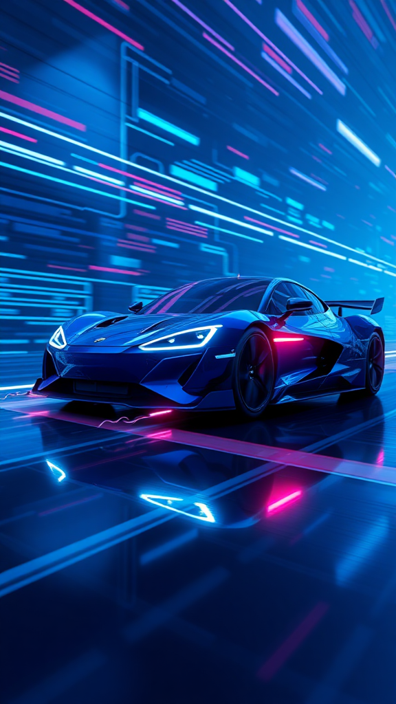 Please render the electric car racing in cyberspace in a realistic 3D manner. Make the background cyber-like and express it with a sense of speed with the "electric sparks". Make the overall color dark blue and draw it with a neon sign feel.