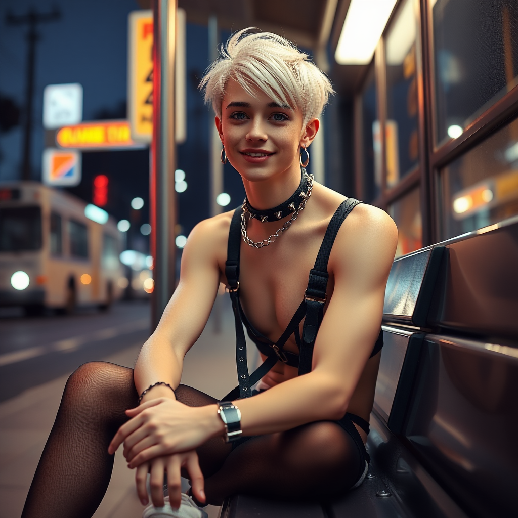 photorealistic, ultra high resolution, 16K, surreal fantasy, studio lighting, a pretty 16 year old goth boy, slim male physique, short blonde hair, goth makeup, earrings, pantyhose, harness, spikey dog collar and leash, trainer-bra, white ballet shoes, sitting at the bus stop, excited smile, facing the camera.