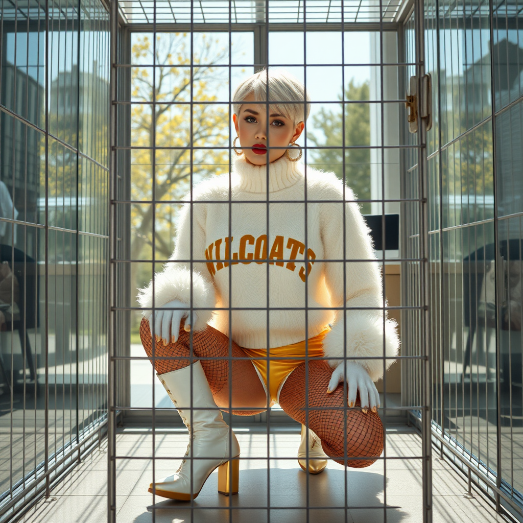 The future, rich university: sunny spring morning, modern glass-steel-concrete dean’s office. Kneeling inside locked small steel cage, waiting for the dean: Lina, European 17 years old very convincing femboy “QB’s trophy-bimbo”, tamed servile docile, very beautiful feminine flawless face, rather short boyish figure, platinum blond short tight curls, bold red lips, heavily made-up face, fluffy very fuzzy bright white plushy hazy thick angora turtleneck-sweater with “gold “WILDCATS” letters, vinyl gold short shorts, mesh pantyhose, white vinyl thigh-high boots with golden heels, large gold-white pompoms, pearl earrings, lovesick aroused, leaning forward presenting her assets, arrogantly looking through grid at camera. Full view of office.