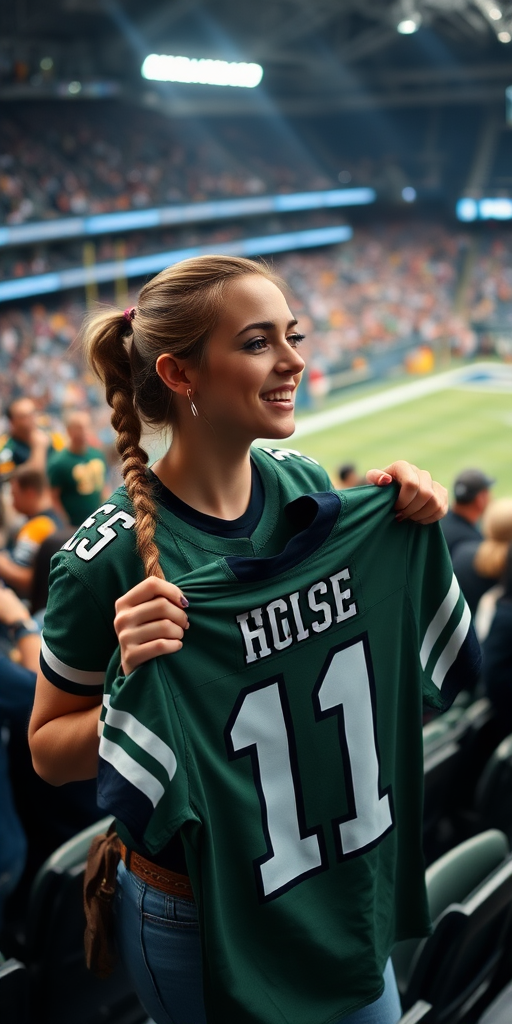 Attractive female NFL fan, pigtail hair, enthusiastic, inside crowded bleachers, holding a spare jersey, NFL stadium