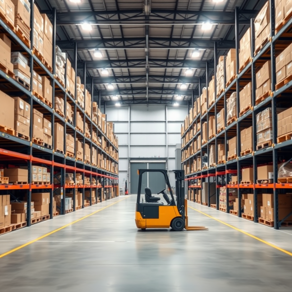 Create a high-resolution photo of a modern warehouse interior. The scene should include tall shelves filled with various boxes and products, a spacious layout with concrete pathways, and bright overhead lighting. Include a forklift without an operator and a partially open gate in the distance. The overall atmosphere should convey efficiency and organization, with a clean and professional look.