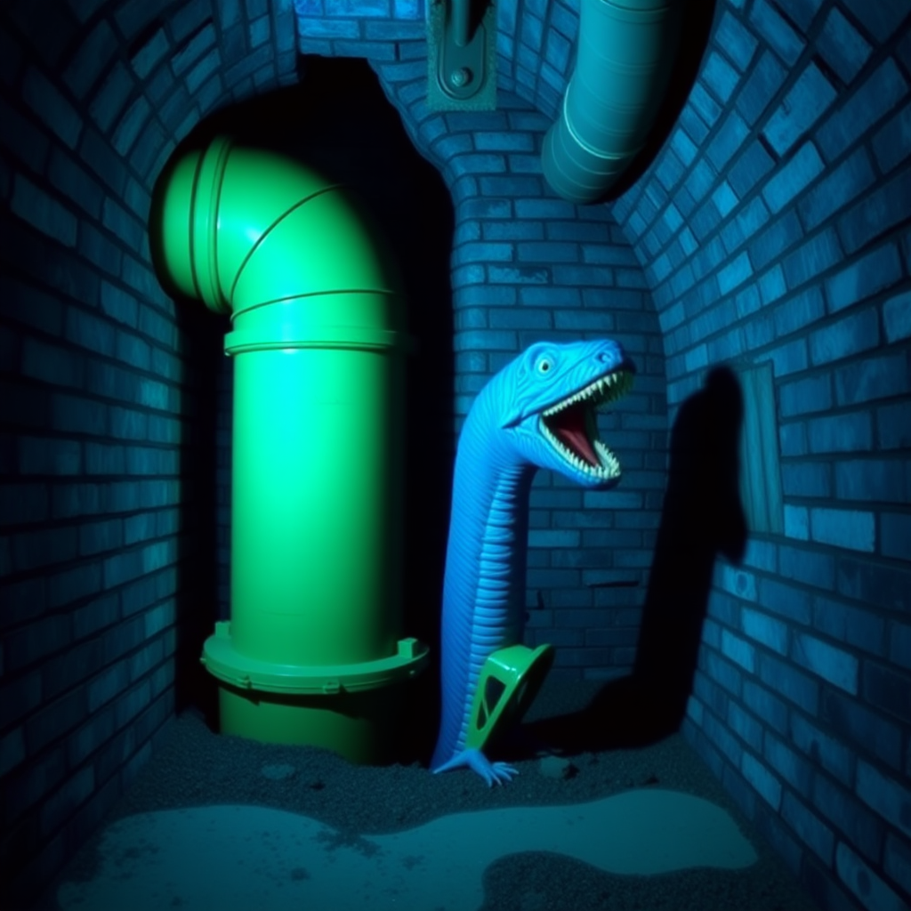 Interior. Underground scene with brick walls and floor. Blue tinted lighting. A large green drain pipe sticks out of the ground. From the pipe opening comes a blue piranha plant monster imagined as a 1980s movie monster.