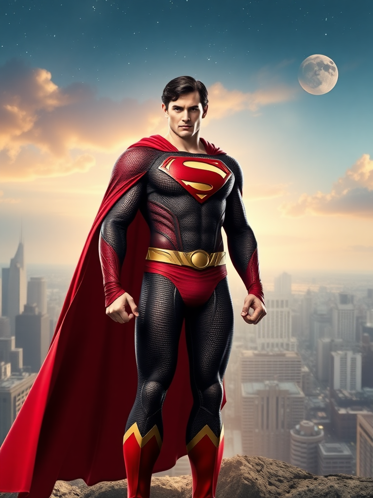 Generate a full-length image of Superman with the body type of Ochaco Uraraka, keeping Superman’s head intact. Integrate elements from Ochaco’s costume into Superman’s traditional outfit, such as colors or patterns, while still maintaining iconic Superman features. The background should blend environments suitable for both characters, like a city skyline with elements of an outer-space scene or a training academy for heroes. Ensure the overall composition highlights their unique styles and characteristics, creating a cohesive and dynamic image.