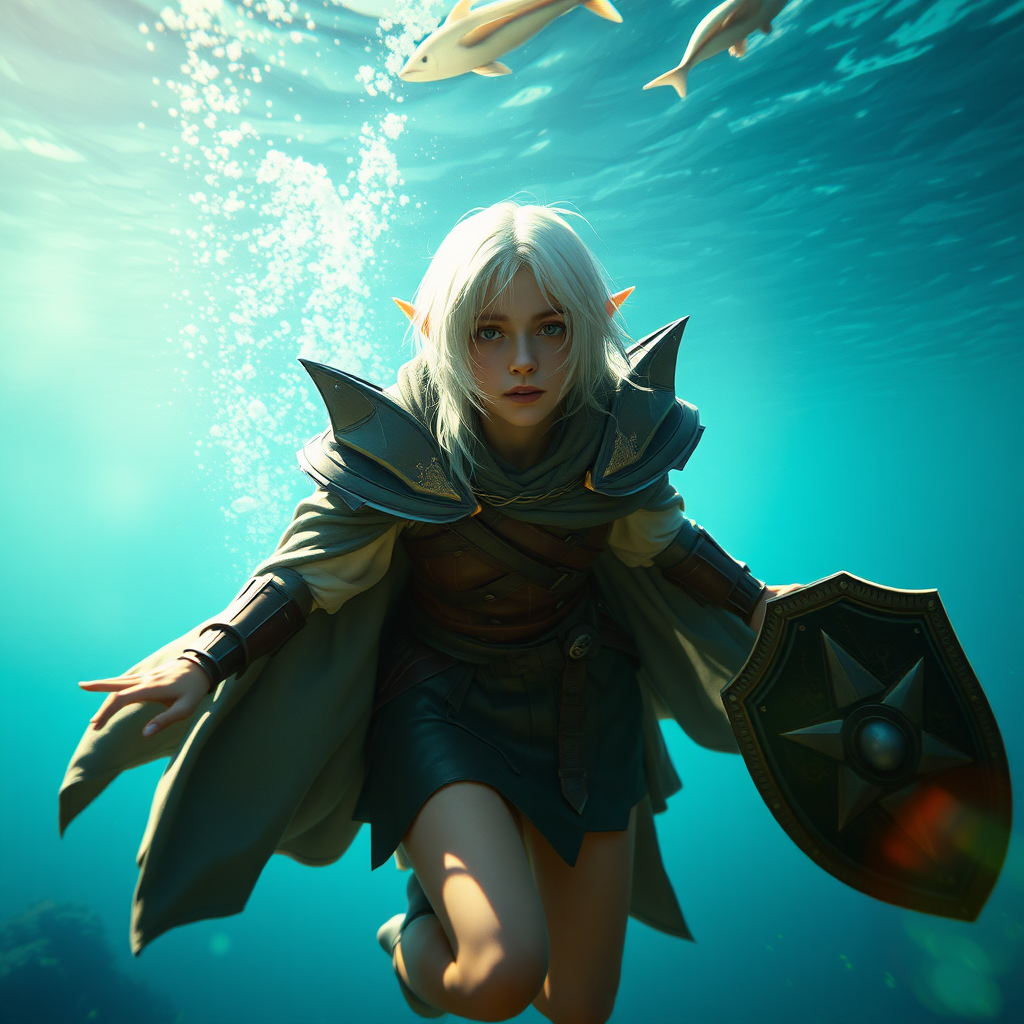 A twenty-something elf girl like (Ana de Armas). Messy shoulder-length white hair. Wide triangular shoulder pads, flowing cloak, leather armor, shield, skirt, high heel ankle boots. She is underwater. WLOP style. Photorealistic digital matte painting, highly detailed, film grain, lens flare, chromatic aberration.