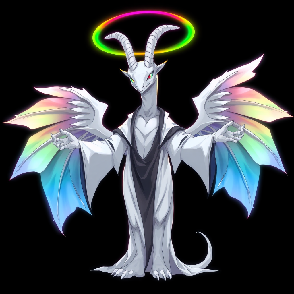 (Anime Styled Art) Against a deep black background, a tall, white reptilian humanoid resembling a goat stands gracefully. Its striking rainbow eyes glimmer with intensity, complemented by two elegant white horns that curve upwards. Clad in flowing white-black robes, the figure is enveloped in a chaotic rainbow aura that radiates vibrantly around its entire body. With arms extended outward, it showcases three large ethereal angel wings that add an air of divine mystique.