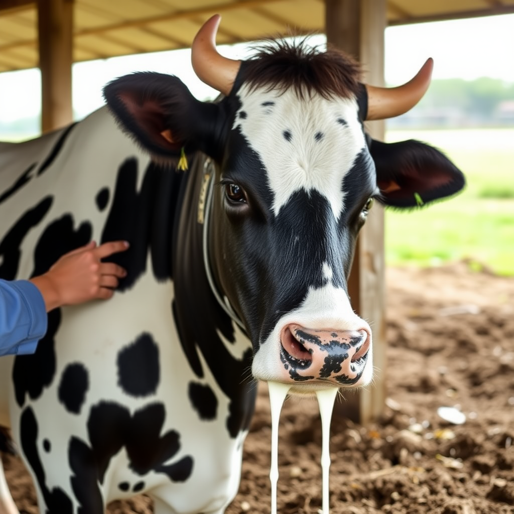 A human cow hybrid. She is being milked on the farm.