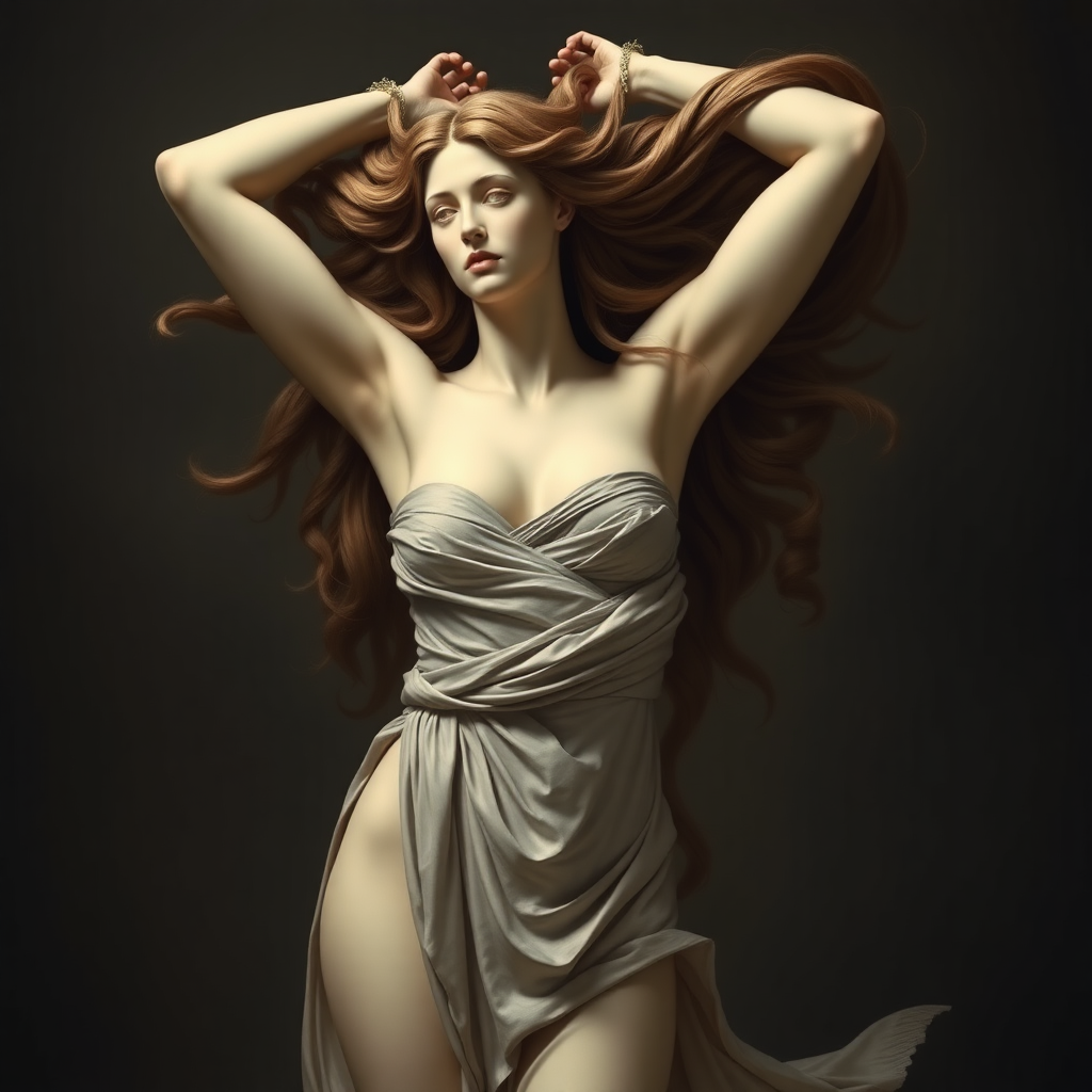 The Goddess Venus with her arms up and her hands plunging into her thick hair. She wears a tiny strapless silken scarf as a dress.