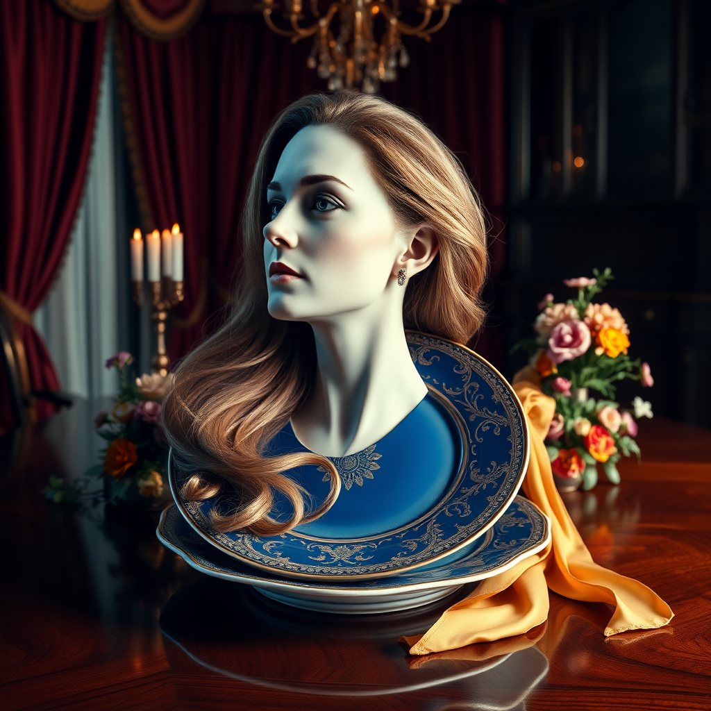 In a bizarre and captivating tableau, a surreal image unfolds: the elegantly poised, disembodied head of Kate Middleton, her features exquisitely refined, rests regally on an ornate porcelain plate. Her long, flowing hair cascades gracefully around the edges of the plate, reminiscent of golden silk streaming through the air. The striking contrast of her porcelain skin against the deep, rich hues of the plate—a royal blue adorned with intricate gold patterns—creates an unsettling yet alluring visual.

The background is an opulent dining room, lavishly decorated with rich, velvet curtains that pool onto the polished mahogany floor. Soft candlelight flickers, casting dancing shadows that add an eerie charm to the scene. Delicate floral arrangements, bursting with vibrant colors, flank the plate, their sweet fragrance mingling with the subtle scent of polished wood and melting wax.

Beneath the eerie elegance, a haunting silence pervades the atmosphere, broken only by the soft clinking of fine china in the undisturbed room. There’s an unsettling juxtaposition between the beauty of her serene expression and the macabre idea of her being severed from her body, creating a palpable tension that captivates and unnerves the viewer. The entire composition invites the onlooker to ponder the surreal nature of beauty, identity, and the boundaries of perception, all encapsulated in this strikingly fantastical image.