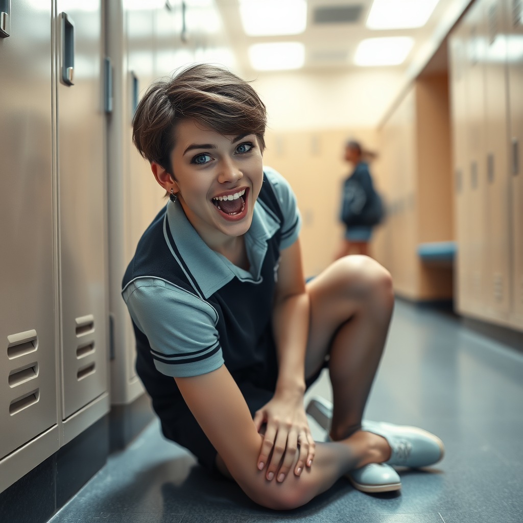 photorealistic, ultra high resolution, 16K, surreal fantasy, soft studio lighting, Tyler Swift is a pretty 17 year old goth male, slim male physique, short dark hair, blue eyes, goth makeup, earrings, sheer grey pantyhose, UK girls-school uniform, Mary-Jane shoes, kneeling on the floor of the locker room looking up at the camera, excited open mouth smile, drooling saliva, facing the camera.