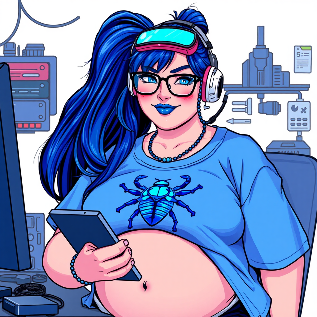 A cyberpunk vigilante’s full-figured intelligent and tech-savvy 28-year-old girlfriend, who is a computer hacker and tech genius. She has a long maximum blue ponytail. She wears maximum blue lipstick, bright blue eyes, a sapphire beetle gemstone necklace, sapphire earrings, black eyeglasses, and an oversized maximum blue t-shirt featuring a blue sapphire gemstone crusted chest icon of a beetle. She has a full-figured physique with a prominent, massive, round belly, reflecting her well-cared-for lifestyle. She sports a sapphire headset with a hi-tech maximum turquoise lensed HUD, and a shy smile with a neon red blush. She serves as his tech expert from his hideout, diligently working at her workbench and computer desk, while holding an electronic wrench and a holographic computer tablet. The background is solid white. She is drawn as if she was in a retro 2D cyberpunk fighting game. Ensure her maximum blue t-shirt covers her belly.