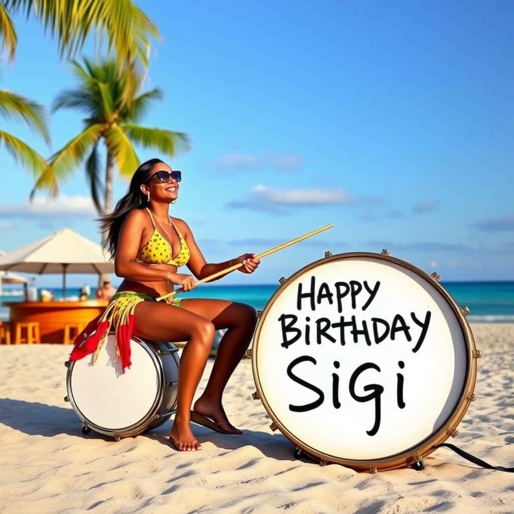 Latin Lady sitting on Drums on beach with Palms and bar, big white bassdrum spelling the words "Happy Birthday Sigi"