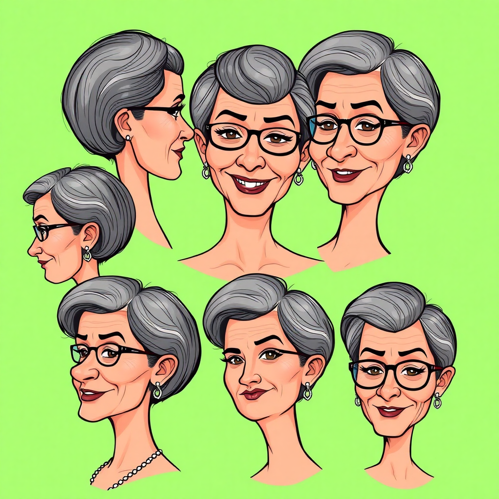 Photorealistic image of six headshots of a 50 Years old, fit, European, Latina, sharp aquiline nose, wrinkles, high cheekbones, Middle Eastern, Skinny, Tanned skin, Dark light skin, full Makeup, jewelry, Sharp nose, frowning, exaggerated cartoon expression, lascivious smile, dark grey Ash hair, short bowl haircut, Brown eye color, half closed eyes, round Glasses, with detailed features. Each photo displays the same face in back, profile and front view, cut out and isolated on a green background. All six heads are visible side by side, empty space around each view, no overlapping. 2D, caricature, cartoon, Sketch lines, coloring book style, well composed, clean coloring book page, No dither, no gradient, strong outline, vector illustration