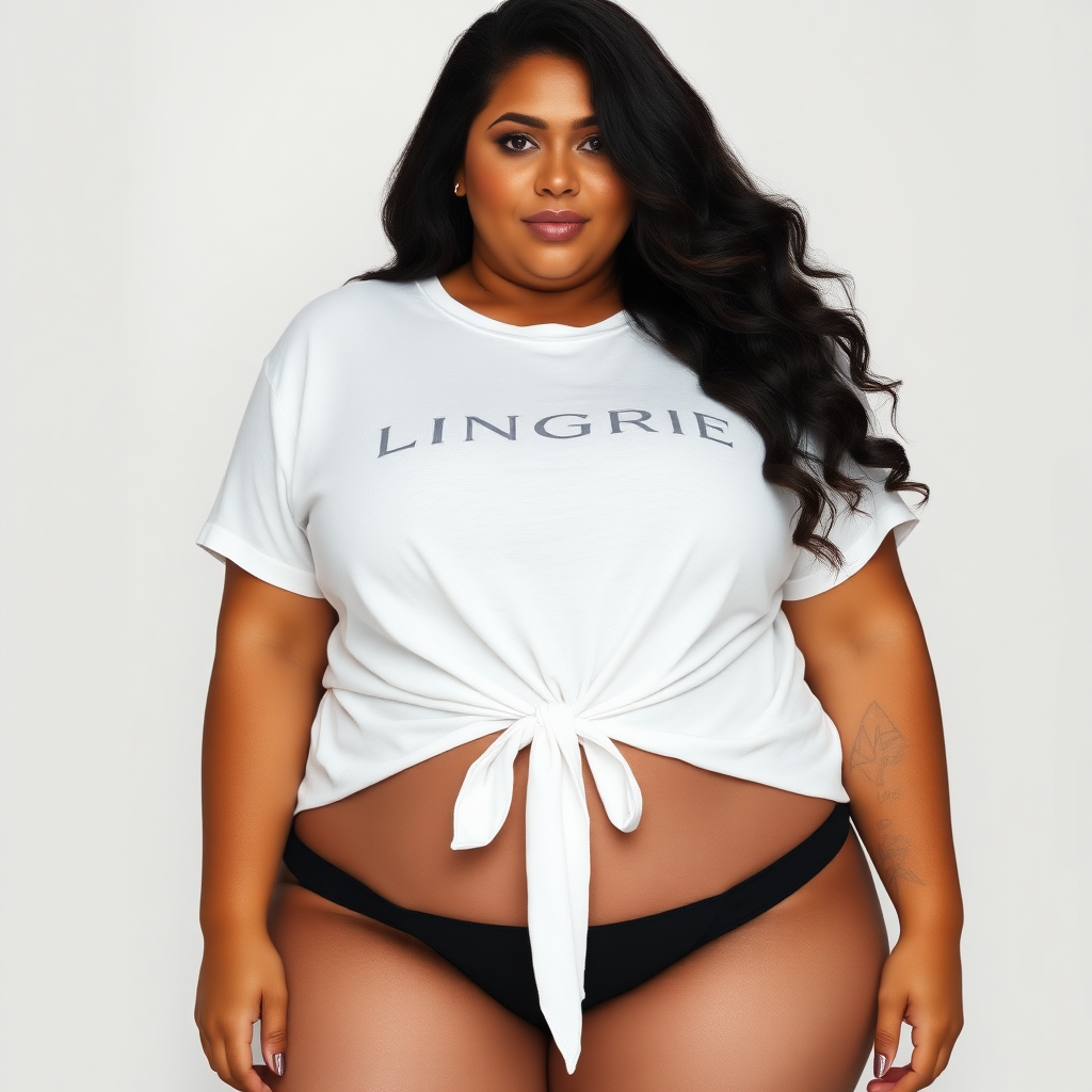 a plus sized lingerie model shown full height - she wearing traditional stockings and a loose white t shirt with a small lingerie brand logo on the front tied at the waist