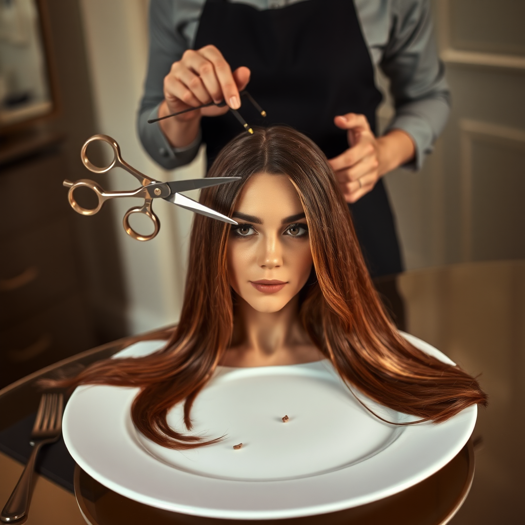 In a bizarre, surreal tableau, the polished surface of an elegant dining plate cradles the disembodied head of a strikingly beautiful Kate Middleton, her long, flowing hair cascading like a glossy waterfall of deep chestnut and honey highlights. The hair is luxuriously arranged, strands shimmering under the soft, ambient light that bathes the scene in an ethereal glow.

A skilled hairdresser, clad in a sleek black apron, stands poised with a pair of gleaming scissors, carefully trimming the endlessly luxurious locks that frame Kate's serene, almost ethereal features. The air is thick with the scent of salon products mingling with delicate hints of floral fragrances, creating an unusual yet strangely inviting atmosphere. The hairdresser's focused expression reveals a meticulous dedication as snippets of hair fall gracefully onto the pristine plate, echoing a sense of both artistry and absurdity.

The overall emotional tone conveys a dreamlike quality, inviting viewers to ponder the juxtaposition of beauty, identity, and the bizarre circumstances that bind them in this extraordinary moment.