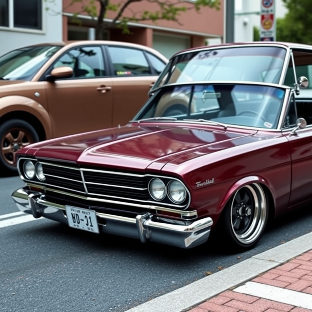 The car is parked on the side of the road, inspired by Taiyō Matsumoto, tumblr, restomod, nd4, c4 metallic shine classic american low rider ford.