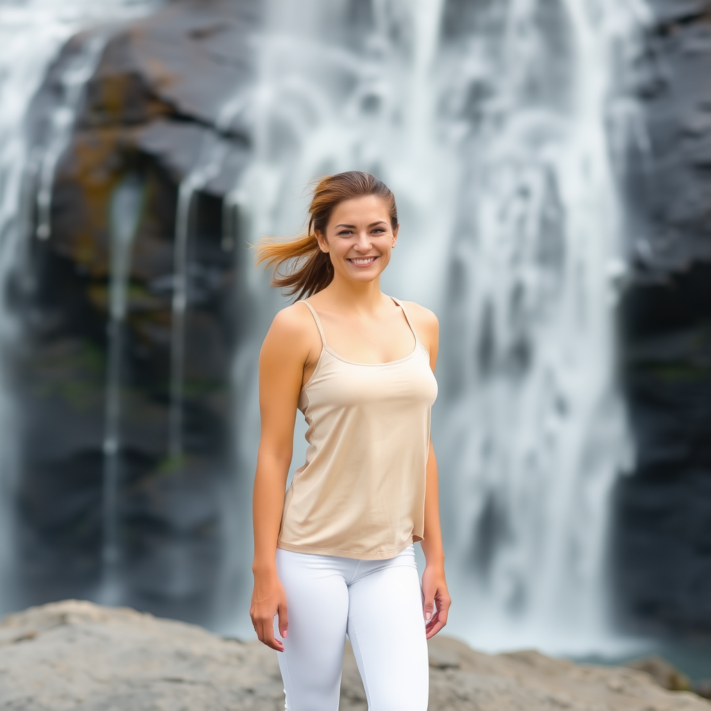 a woman stands on a rock surface, smiling and posing for the camera. She is dressed in a beige tank top and white leggings. Her hair is pulled back in a ponytail, adding a touch of color to her face. The woman's eyes are squinted and her lips are slightly parted, as if she's about to go into the air. The background, a waterfall can be seen, creating a peaceful and serene atmosphere.