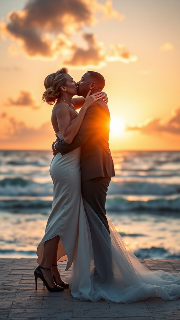 In the background, Meryl Streep and Will Smith elegantly dressed, she heels and he patent leather shoes, he passionately kisses the bride, in the background the sea with a beautiful beach, sunset sky with the sun's rays with clouds. 16K ultra-high definition.