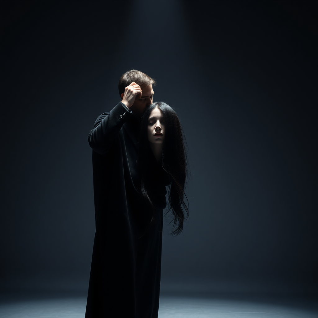 In a dimly lit performance space, the atmosphere is charged with an eerie tension as a magician dressed in a dramatic black velvet cloak executes a chilling illusion. The spotlight shines down, illuminating the stark gray backdrop that envelops the scene in a minimalist aesthetic. At the center, he reveals the severed head of a stunning female magic assistant, her long, flowing hair cascading like silken waves around her lifeless face. The contrast of her vibrant, raven-black locks against her ivory skin creates a haunting tableau.

He grips her hair with a commanding hand, raising her head to the camera with unsettling arrogance, his fingers entwined within the strands as though they are an extension of his own power. As he leans down to plant a lingering kiss on her lips, an air of macabre intimacy hangs heavy in the room, eliciting gasps from an unseen audience, their breath collectively held in awe and horror. The subtle rustle of fabric accompanies his movements, and the faint scent of the magician’s musky cologne permeates the air, mingling with a hint of intrigue.

Dark, dramatic shadows dance across the plain setting, heightening the surreal quality of the performance, as if time has momentarily frozen in this poignant, yet grotesque moment of magic and mastery. The silence is palpable, broken only by the soft thud of the magician’s heart echoing in his chest, a rhythm that underscores the uncanny artistry of his illusion.