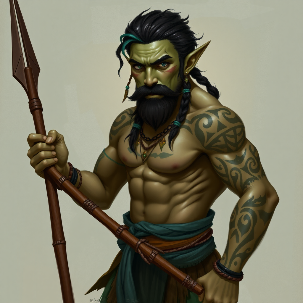 A painted DND Maori Sea Elf, with a muscular body, traditional maori tattoos, olive-green skin color and he's wielding a spear, dark brown hair with teal highlights and a dark brown beard