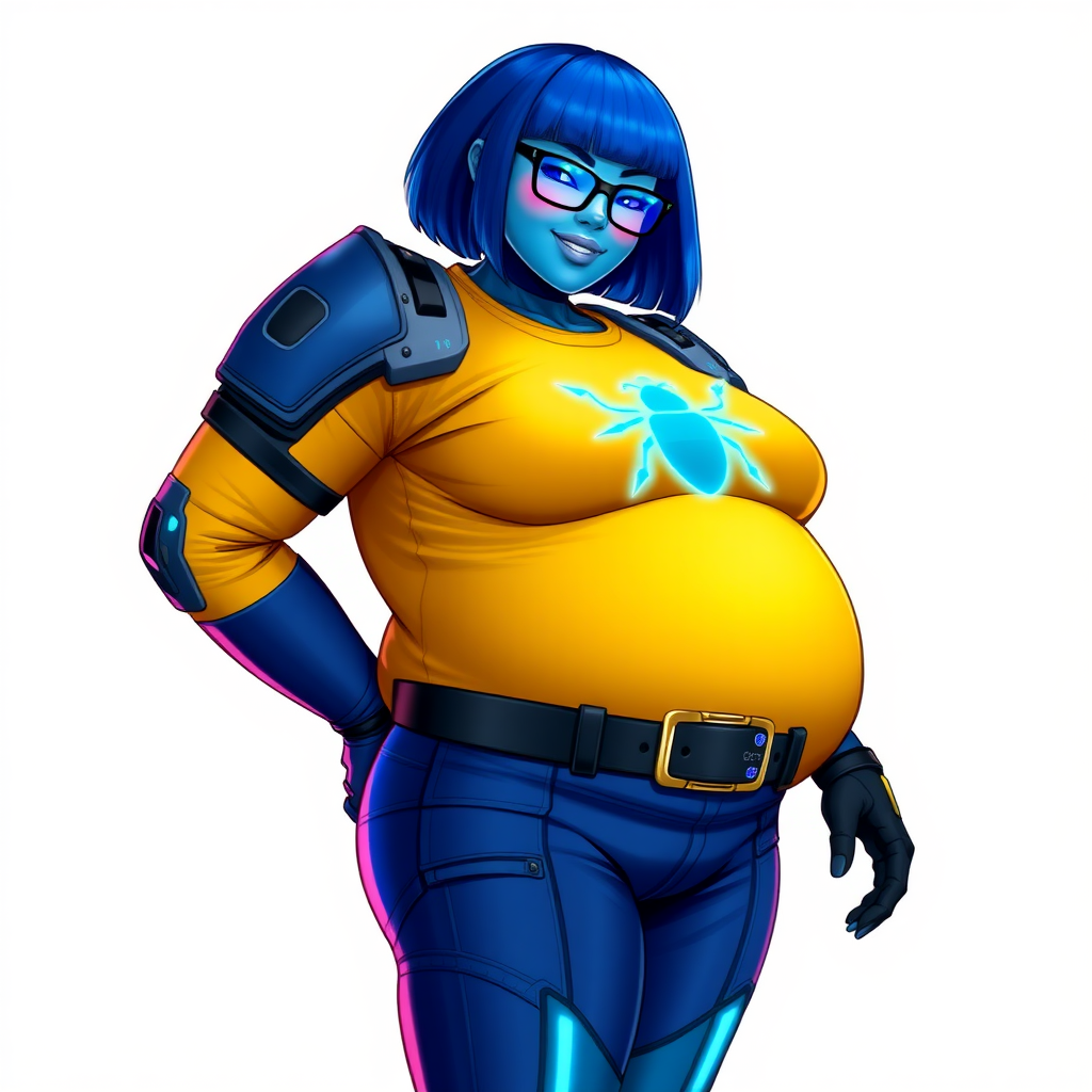 A 28-year-old, full-figured, metallic maximum blue (5PB 5/10) skinned computer program hybrid with a maximum blue bob cut. She has a non-athletic build, highlighted by a prominent, round, large midsection (with heavy emphasis on her round large belly), which shows the effects of her love of junk food acquired from her boyfriend. As the full-figured, nerdy, digital sidekick to her cyberpunk vigilante boyfriend, her metallic maximum blue skin and maximum blue lipstick (5PB 5/12) emphasize her digital nature. Her skin has a subtle, animated glow, with digital patterns occasionally flickering across it, making her digital nature obvious. She wears a digital, computerized costume, consisting of a massive, tight-fitting, maximum blue biker shirt (5PB 5/12) made out of advanced nanotech with a neon blue glowing chest icon of a beetle, hi-tech shoulder pads with neon blue accents, a black hi-tech belt with a digital neon blue glowing buckle, digital maximum blue biker pants (5PB 5/12) with neon blue accents, and black hi-tech fingerless biker gloves with neon blue glowing accents. Her neon blue glowing eyes, black eyeglasses with neon blue glowing lenses equipped with a built-in HUD, and bashful smile with neon red blush accentuate her nerdiness. She stands bashfully with one hand behind her back and the other hand gently touching her cheek, her costume covering all her skin and emphasizing her full figure (especially her round large belly). She is clearly non-athletic, with a focus on her full-figured physique. Despite her build, she radiates beauty. She has a slim face compared to her physique, accentuating her radiant beauty. She is on a solid white background. She is drawn as if she were in a retro 2D cyberpunk fighting game.