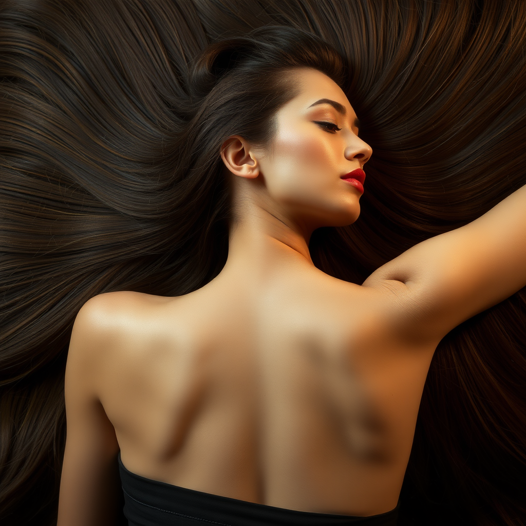 A beautiful woman laying on her back. Her very long hair meticulously fanned out to display its length and beauty.