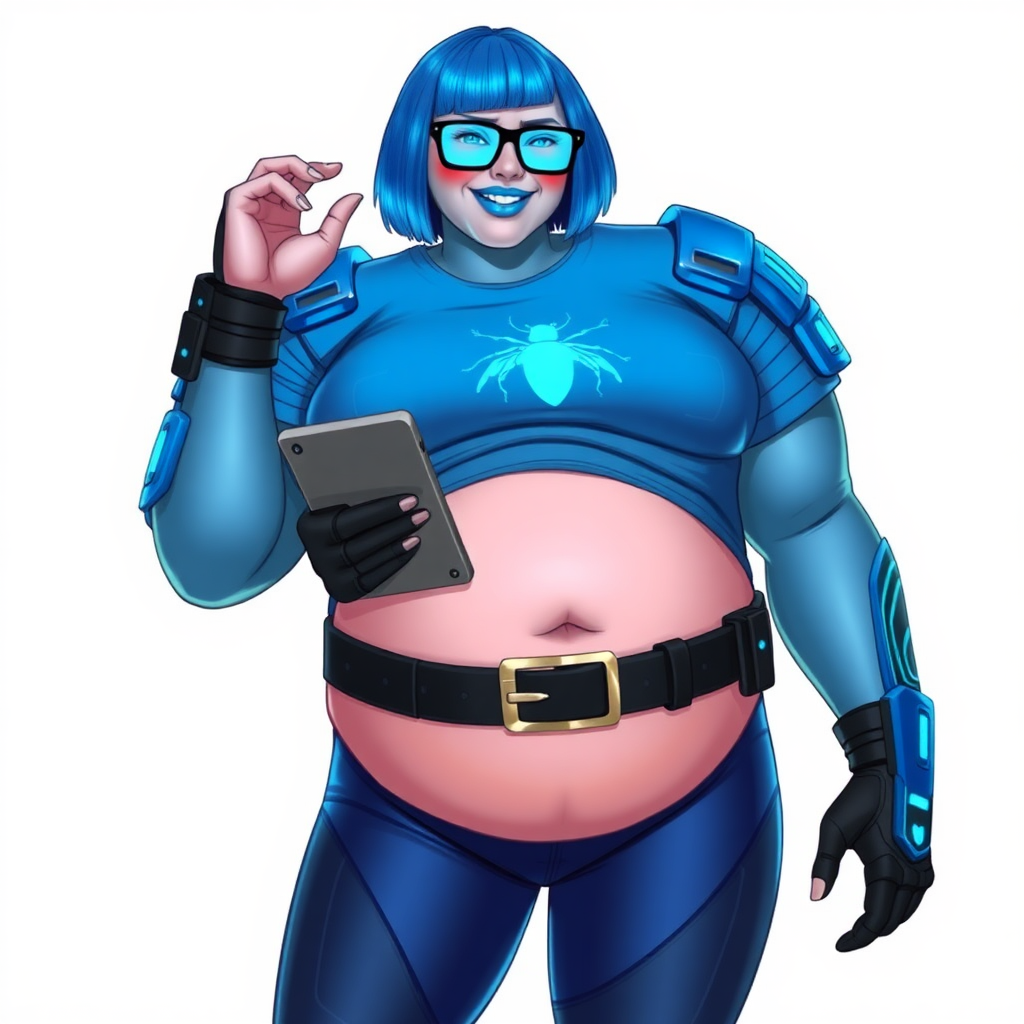 A 28-year-old, full-figured, metallic middle blue (5PB 5/8) skinned computer program hybrid with a middle blue bob cut (5PB 5/8). She has a non-athletic build, highlighted by a prominent, round, large midsection (with emphasis on her belly), which shows the effects of her new love of junk food acquired from her boyfriend. As the full-figured, nerdy, digital sidekick to her cyberpunk vigilante boyfriend, her metallic middle blue skin and maximum blue lipstick (5PB 5/12) emphasize her digital nature. Her skin has a subtle, animated glow, with digital patterns occasionally flickering across it, making her digital nature obvious. She wears a digital, computerized costume, consisting of a huge, tight-fitting, maximum blue t-shirt (5PB 5/12) made out of advanced nanotech with a neon blue glowing chest icon of a beetle, hi-tech shoulder pads with neon blue accents, a black hi-tech belt with a digital neon blue glowing buckle, digital maximum blue biker pants (5PB 5/12) with neon blue accents, and black hi-tech fingerless biker gloves with neon blue glowing accents. Her neon blue glowing eyes, black eyeglasses with neon blue glowing lenses equipped with a built-in HUD, and bashful smile with neon red blush accentuate her nerdiness.

She stands with a shy, slightly hunched posture, one hand nervously adjusting her glasses while the other clutches a digital tablet close to her chest. Her pose reflects her intellectual curiosity and slight social awkwardness, much like Sci-Twi. Her costume covers all her skin and emphasizes her full-figured physique (especially her belly). Despite her build, she radiates beauty. She has a slim face compared to her physique, accentuating her radiant beauty. She is on a solid white background. She is drawn as if she were in a retro 2D cyberpunk fighting game.