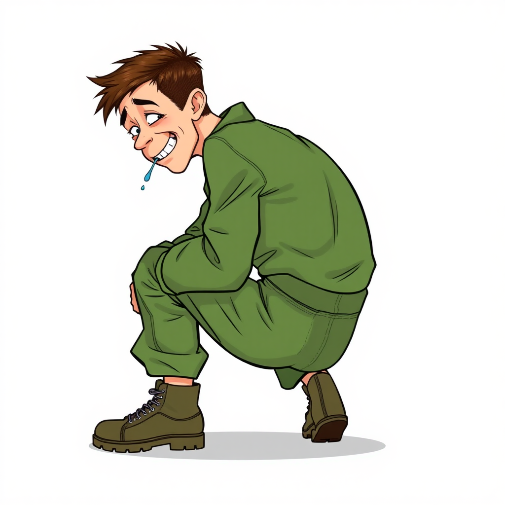 nervous small 15 year old european skinny man, long sleeves green coveralls, tense fabric, squatting, stunned, mesmerized, joyful, heavy drooling, side view, safety shoes, detailed feet, 2D, caricature, cartoon, Sketch lines, coloring book, coloring book, side rear view