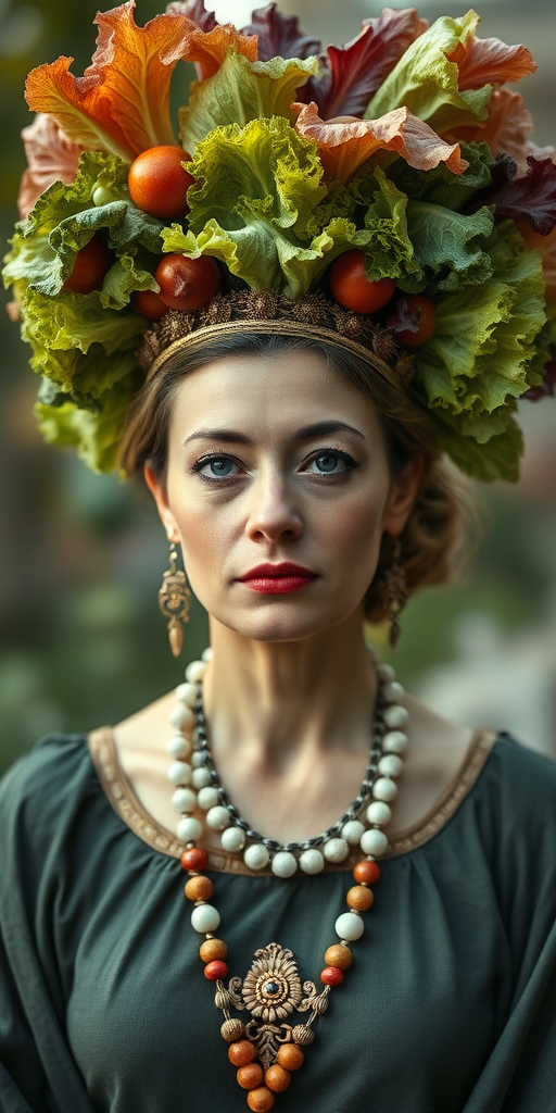 what's your salad headdress made of of? Romaine empire goddess of plebs. Swindler of distress, master of deception. captured on Nikon D40, digitally enhanced color correction, bifocally improved II inspiro Vivian Maier