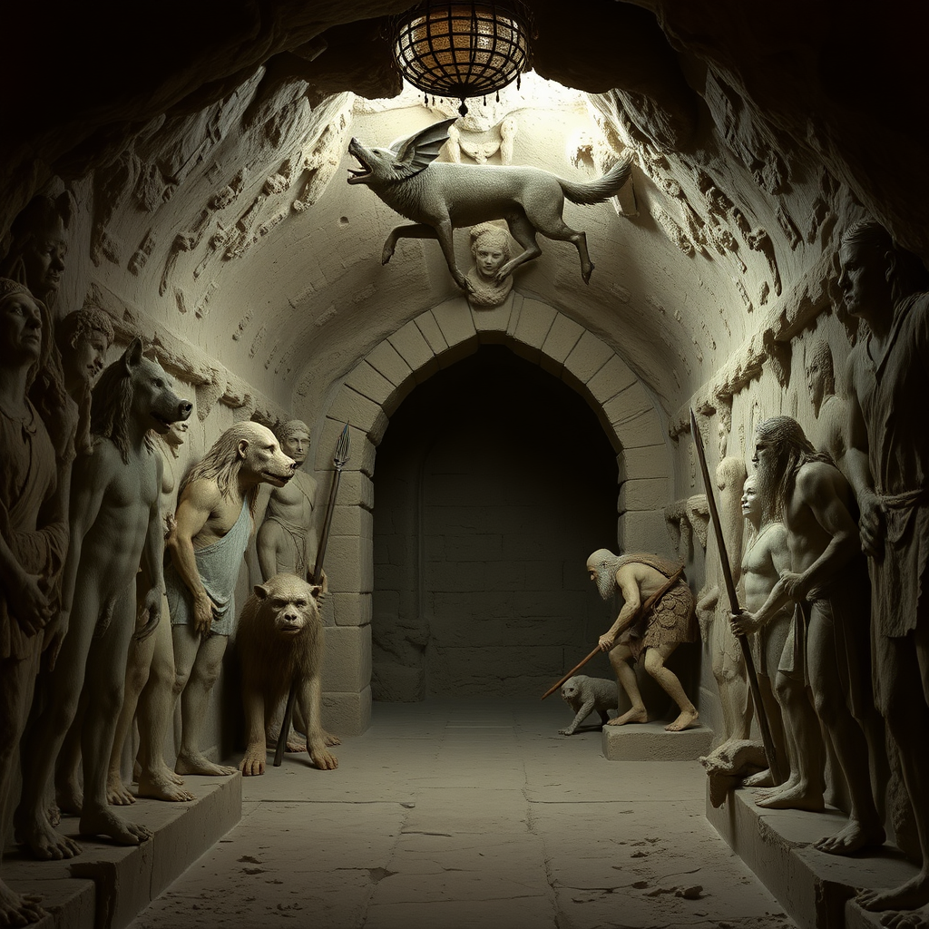 highly detailed realistic 35mm fantasy movie still photograph of In the tomb no stonework can be seen on the walls or the ceiling 20' above, for some sort of cement or plaster has been smoothed over all of these surfaces and then painted with figures of wolves, humans, orcs, elves, and strange human-animal mixture pig-human, ape-human, and dog-humans