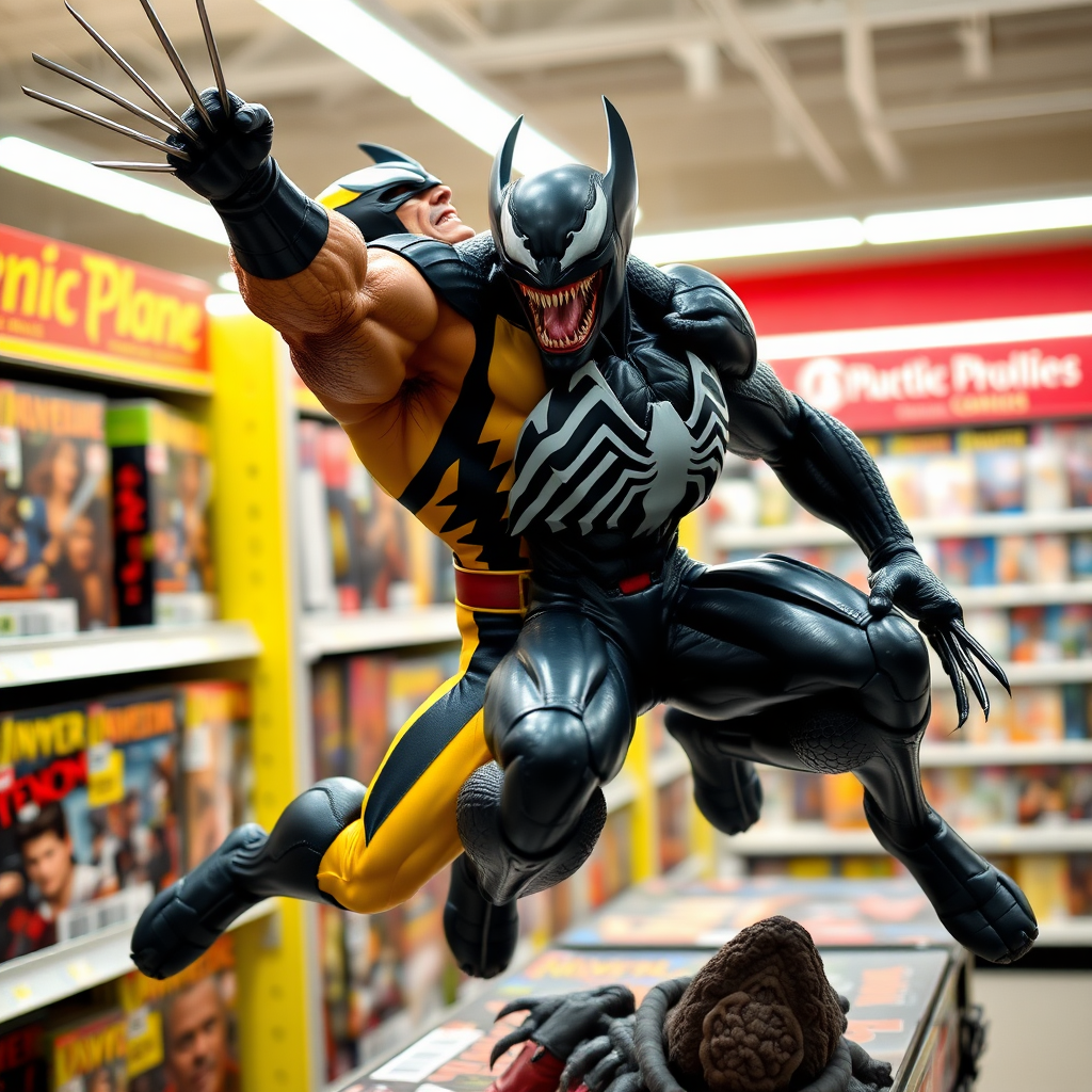 Jumping out of a Comic book cover on a store shelf is Wolverine and Venom. Wolverine has his claws impaled into Venom holding him in the air over his head in Cinematic Real3D photo-realistic quality.