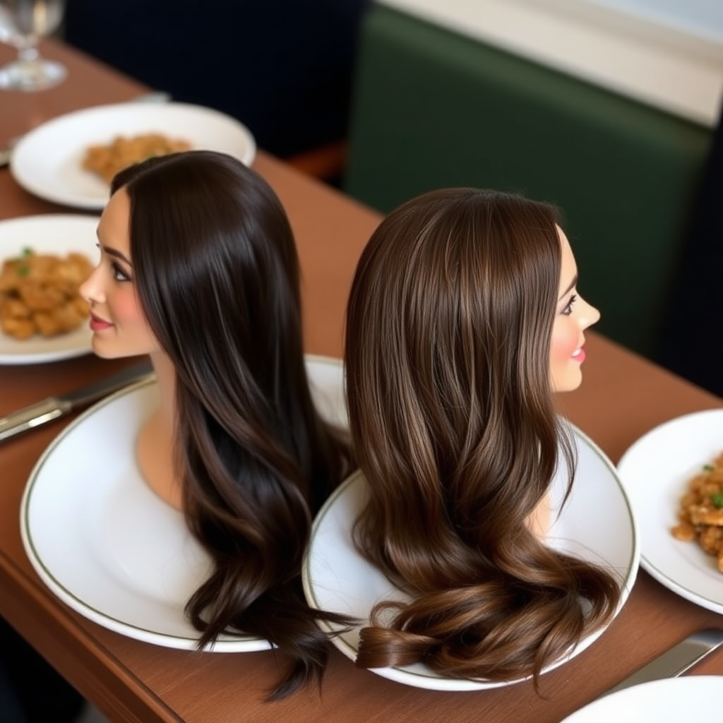 The disembodied heads of very long haired Meghan Markle and Kate Middleton served on plates.