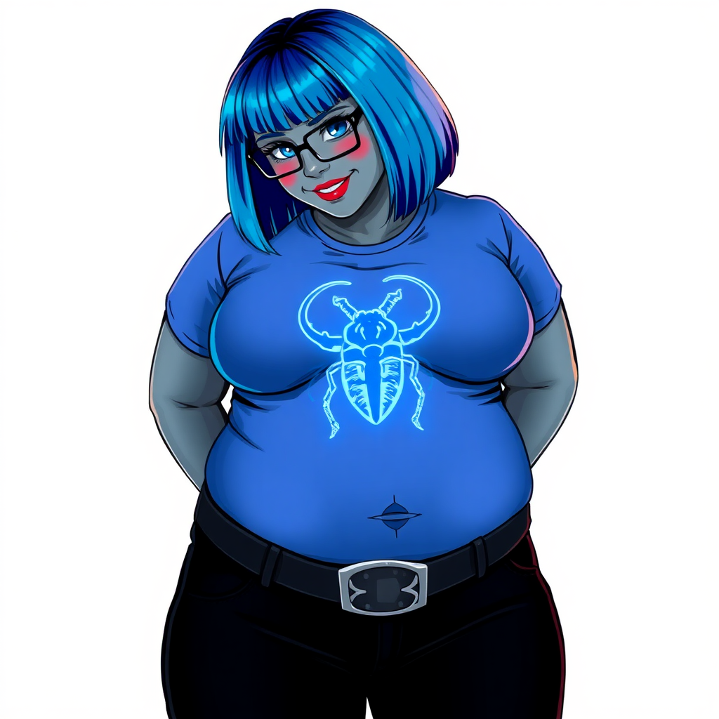 A 28-year-old, full-figured, metallic middle gray skinned computer program hybrid with a maximum blue bob cut. She has a non-athletic build, highlighted by a prominent, round midsection (with a focus on her belly). As a digital sidekick and computer hacker to her cyberpunk vigilante boyfriend, her middle gray metallic skin and maximum blue lipstick emphasize her digital nature. She wears a tight-fitting, maximum blue t-shirt (accentuating her belly) with a neon blue glowing chest icon of a beetle, black pants, a black belt with a sapphire scarab buckle, and black gloves. Her bright blue eyes, black eyeglasses, and shy smile with neon red blush accentuate her nerdiness. She bashfully bows her head with her hands behind her back, her t-shirt covering her midsection (especially her belly) and emphasizing her full-figured, non-athletic physique. She is on a solid white background. She is drawn as if she was in a retro 2D cyberpunk fighting game. She is clearly non-athletic, with a focus on her full figure. Make sure her t-shirt covers her midsection (especially her belly).