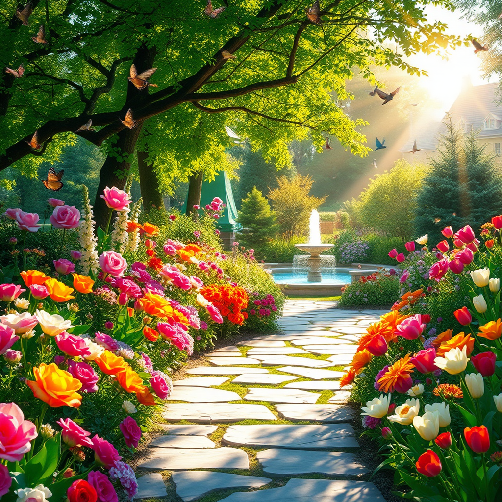 (bright, tranquil garden scene, filled with vibrant flowers and soft sunlight) (best quality), (masterpiece), (ultra-detailed), (vivid colors, calming atmosphere), a beautifully landscaped garden stretches out, filled with a variety of flowers in full bloom, from roses to tulips. The sunlight filters through the trees, casting soft, warm shadows on the stone pathway that winds through the garden. Birds flutter from branch to branch, singing softly, and a small fountain gurgles quietly in the background. The scene is serene and peaceful, with gentle breezes swaying the flowers and a sense of calm washing over the space. Butterflies flit from petal to petal, and the air is filled with the sweet scent of blooming flowers.