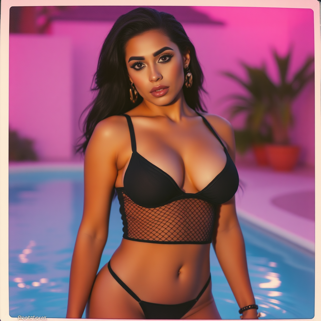 old polaroid photo with heavy vignetting and pink and blue artistic studio lighting color tint and light leak, depicting a sexy curvy thicc egyptian girl with eye makeup, wearing a tiny revealing black see thru mesh two piece bikini gstring thong with a small outline of her labia and nipples visible, standing in a pool