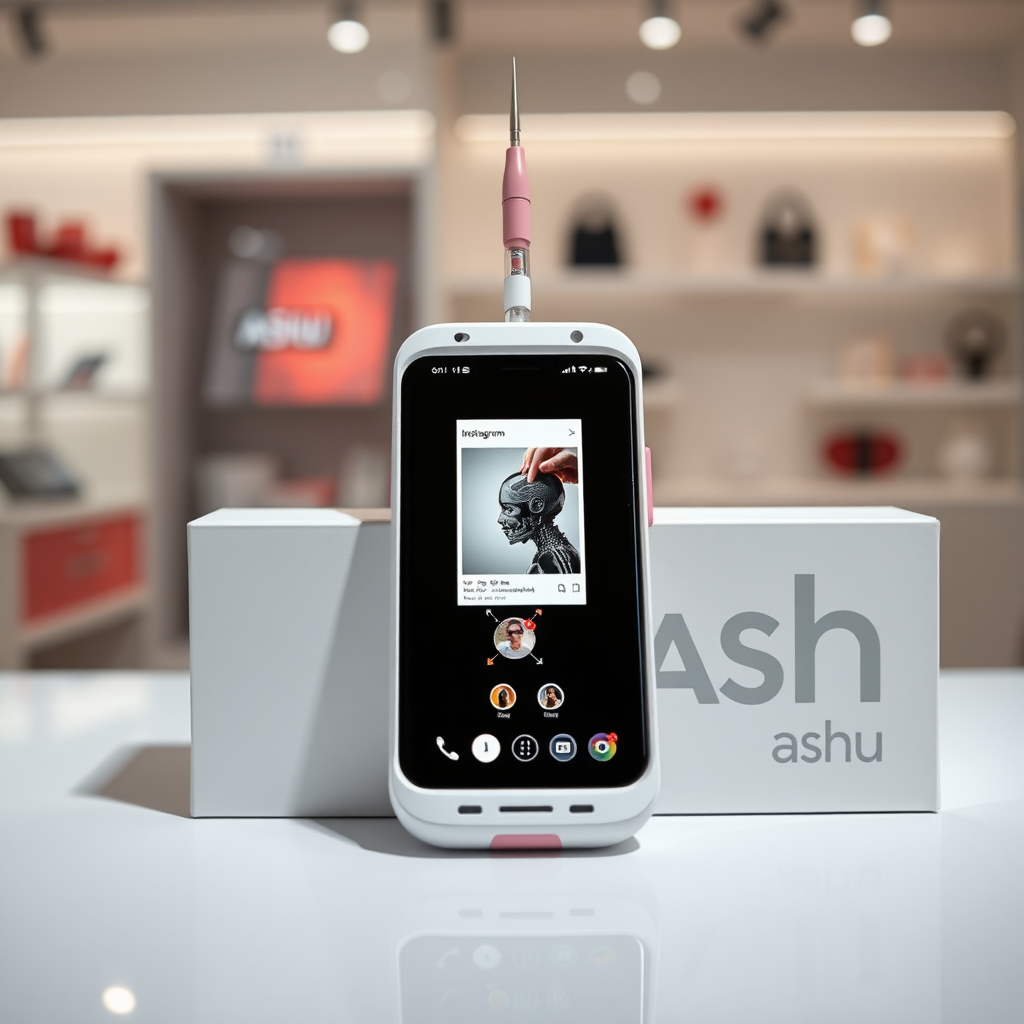 A close-up straight front view of mobile phone in the shape inspired by syringe, white pink futuristic, kept for sale leaning to a box with text Ashu and minimal design, in showroom, touchscreen phone with instagram page open on screen, needle on top, whitepunk,