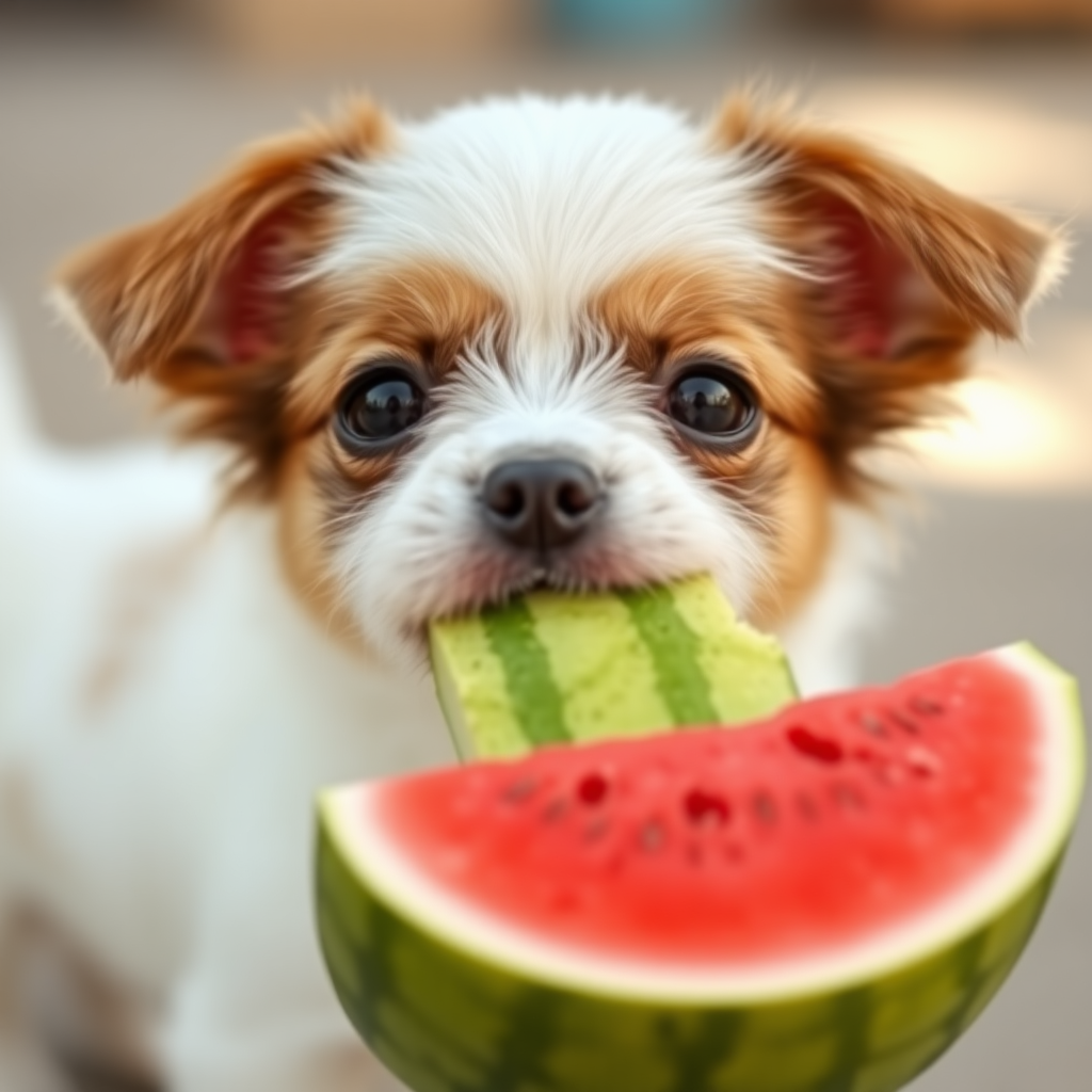 A little dog is eating watermelon, and it's a white little dog.