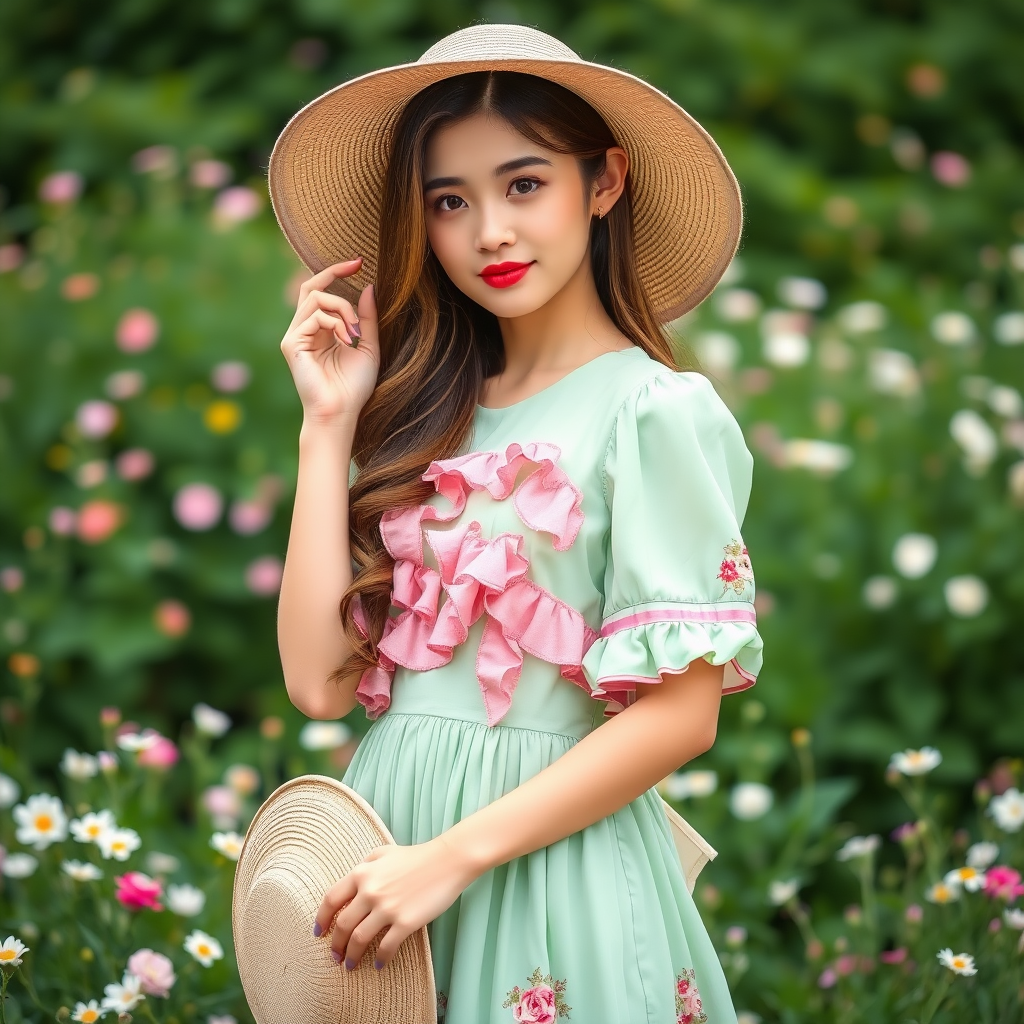 A young woman stands in a lush field of flowers, wearing a pastel green dress adorned with pink ruffles and floral patterns. She holds a wide-brimmed hat, her hair cascading in soft waves, as she gazes softly at the camera. The background features greenery and blooming flowers, creating a serene, romantic atmosphere.