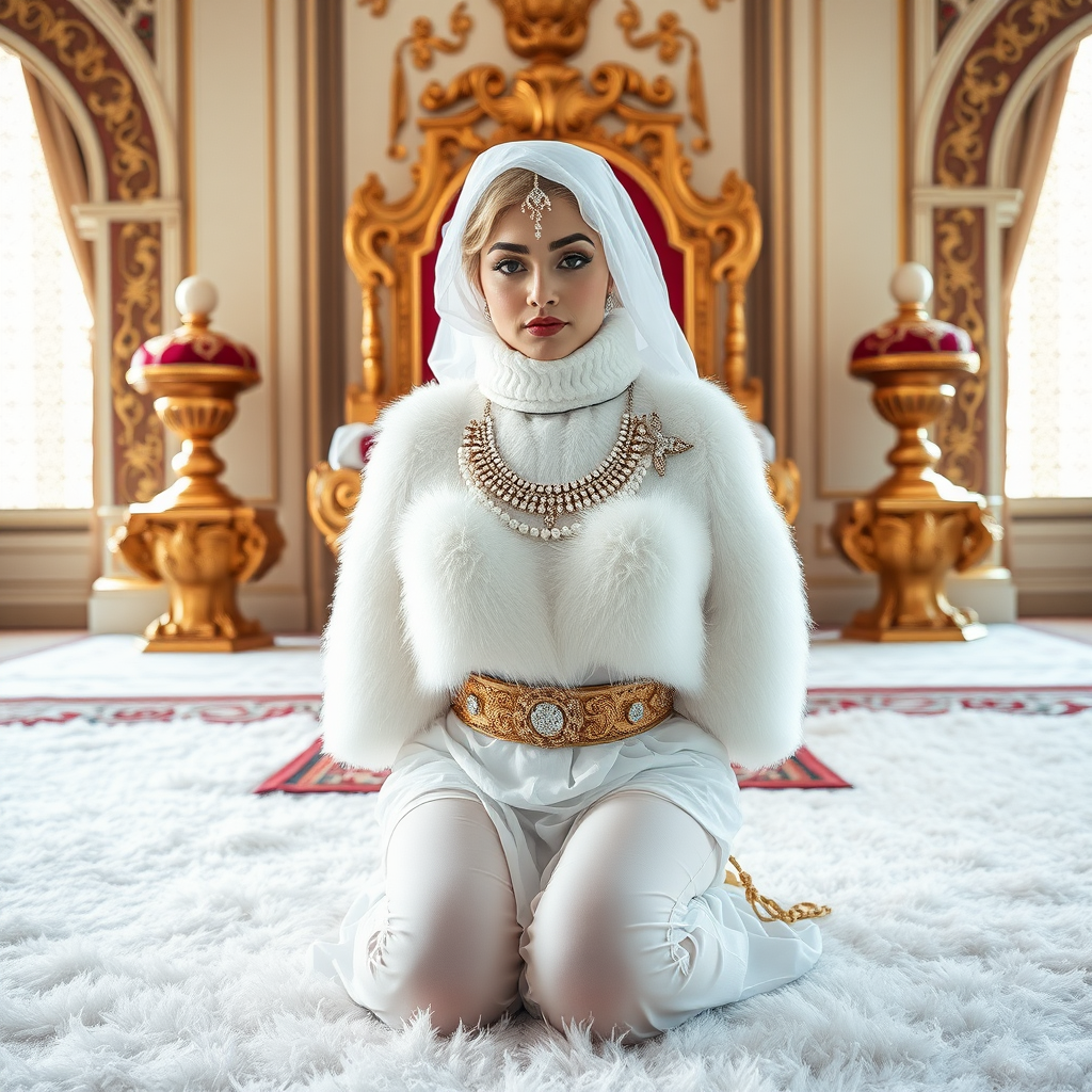 Kuwait desert palace throne room, old overweight mighty sheik sitting on throne. In front of throne, kneeling on white fluffy carpet: Melissa, European 17 years old very convincing femboy “trophy-bimbo”, tamed servile docile, rather short, by hormones very curvaceous womanly figured, platinum blond short tight curls, heavily made-up eyes, wearing Supertanya-style fluffy very fuzzy bright white angora turtleneck-poncho cropped ending under bust decorated with pearls and gemstones, striking oriental wide gold bridal protection belt, white fully transparent harem pants, full Oriental bridal jewelry, white sheer full Burka, coin anklets, striking diamond “$$$” letter brooch on left chest, pout frustrated, hands tied behind back, looking at camera. Focus on face and turtleneck-poncho.