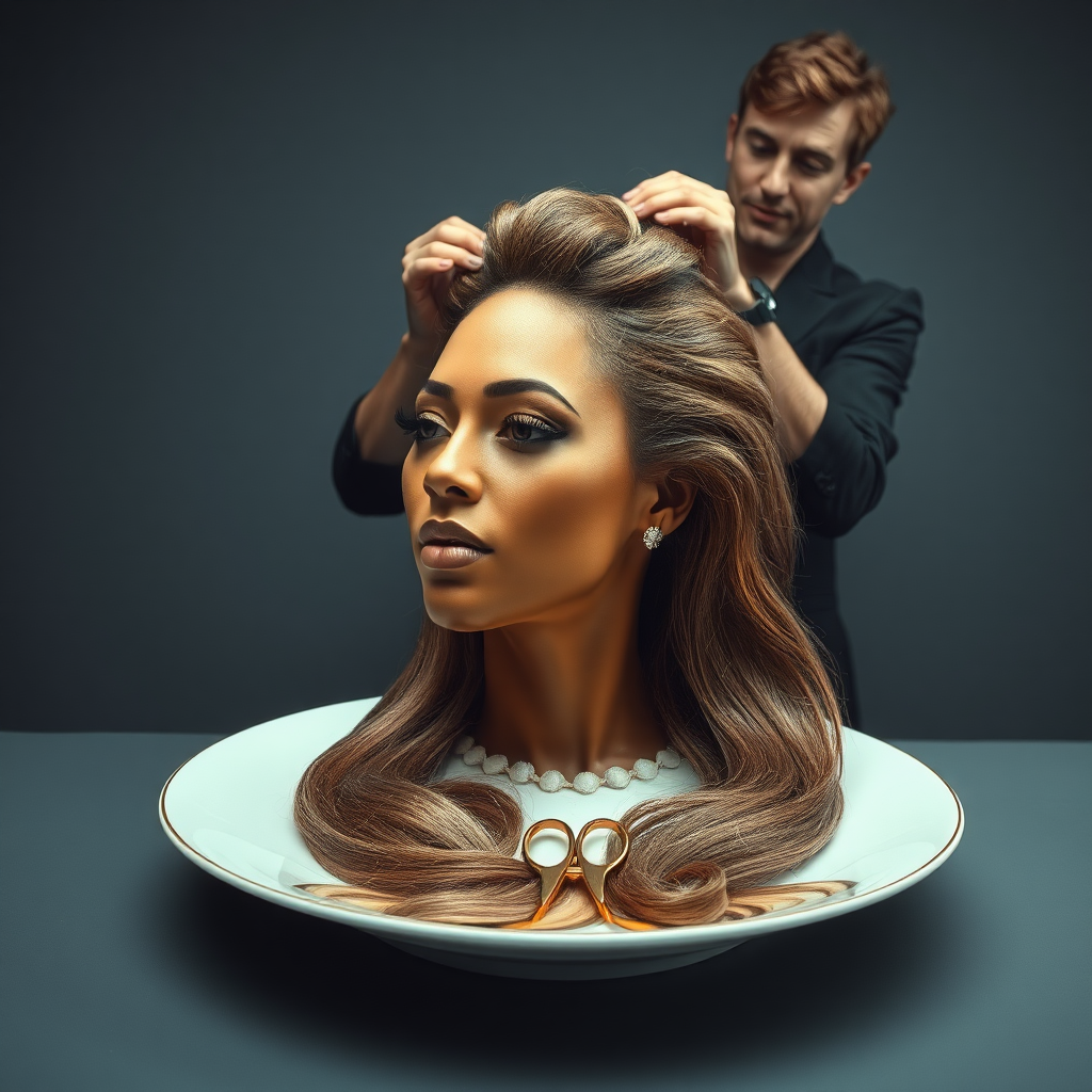 In a surreal and provocative scene, a beautifully tethered, disembodied head of Beyoncé rests gracefully on an elegant porcelain plate, her long, luxurious hair cascading like a waterfall of silky strands around the edges, creating a striking contrast against the stark, muted gray background. The sheen of her skin glows softly, exuding an air of ethereal beauty, while her chin rests delicately on the plate, poised and serene. Behind her, a skilled hairdresser, clad in chic black attire, stands with a focused expression, gently teasing and arranging her magnificent hair with nimble fingers, creating intricate patterns that defy gravity. The atmosphere is oddly intimate yet surreal, blending an appreciation of beauty with an unsettling twist, as soft light casts subtle shadows, enhancing the textures of both hair and porcelain. The air is filled with a quiet stillness, broken only by the subtle sound of the hairdresser’s scissors snipping rhythmically and the faint fragrance of hair products mingling with the cool air, heightening the unusual but captivating atmosphere of the scene.