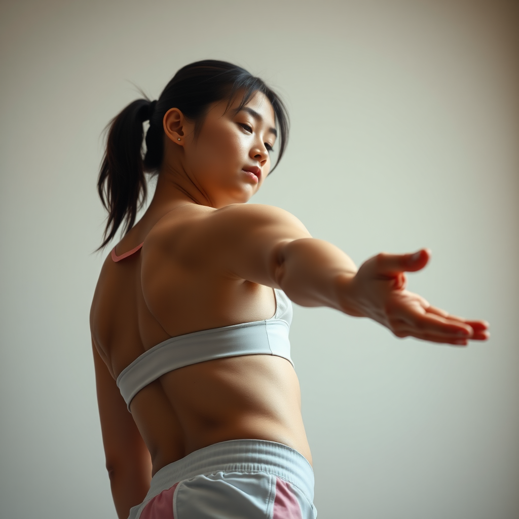 photorealistic full body low angle shot athletic Korean woman holds her arm outstretched, looking at something resting on her palm negative: bad anatomy