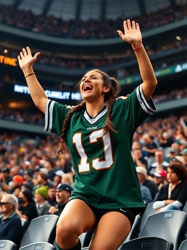 Female NFL fan, extremely attractive, hollering, pigtail hair, jersey, arms raised, jumping inside bleacher row, crowded, NFL stadium