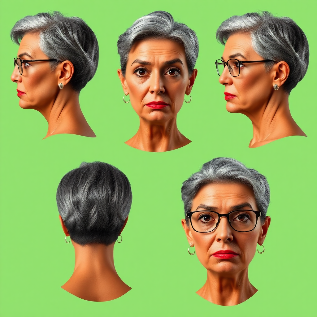 Photorealistic image of six headshots of a 50 Years old, fit, European, Latina, sharp aquiline nose, wrinkles, high cheekbones, Middle Eastern, Skinny, Tanned skin, Dark light skin, full Makeup, jewelry, Sharp nose, frowning, astonished, shocked, dark grey Ash hair, short bowl haircut, Brown eye color, Glasses, with detailed features. Each photo displays the same face in back, profile and front view, cut out and isolated on a green background. All six heads are visible side by side, empty space around each view, no overlapping.